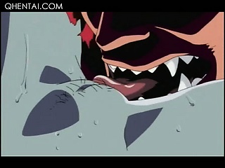 Hentai brunette blowing monster dick and fingering her wet