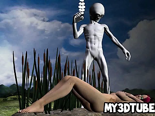Hot 3D redhead babe sucks on a gray aliens cock