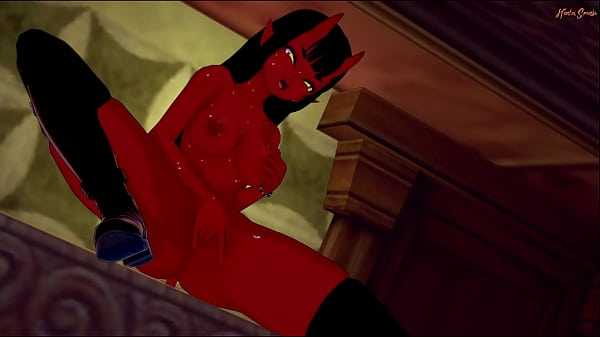 Meru the Succubus fingers her pussy while sitting on a desk.