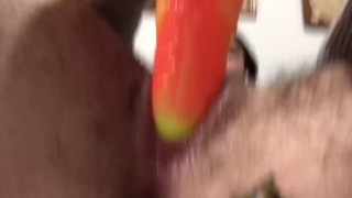 schoolgirlboy stretches his pussy with huge dildo, plays with his toys