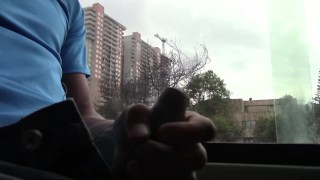 Horny man has a facinating ORGASM in the PUBLIC BUS