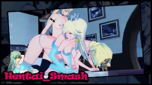 Lesbian Threesome Hentai – Bowsette fucks Peach and Rosalina with a lesbian strapon.