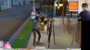 The Sims 4:6 people having intense sex on an easel