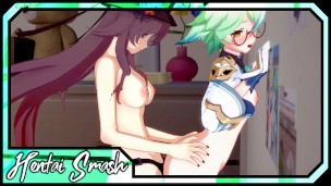 Hu Tao fucks Sucrose hard with a strapon – Genshin Impact Lesbian Hentai